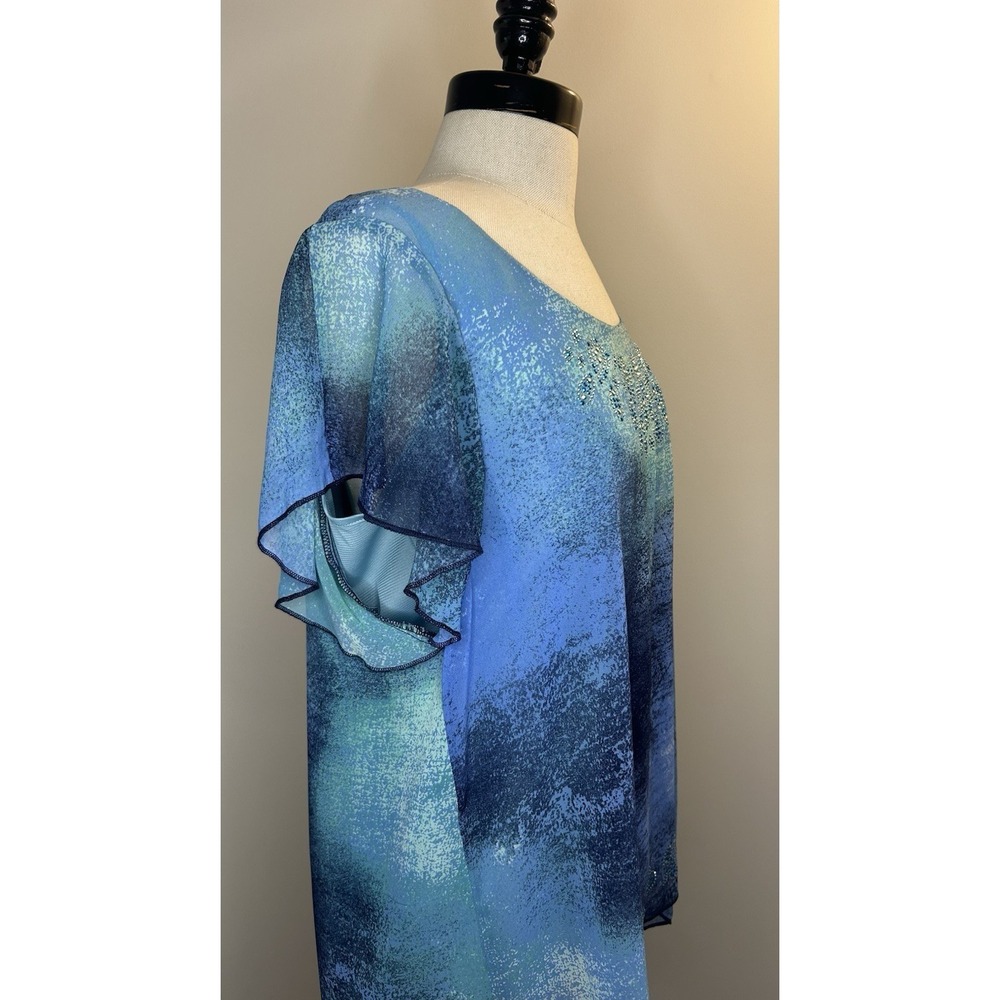 ONE WORLD Blue Sheer Short Sleeve Gemstones Round Neck Blouse Top Womens L - Picture 4 of 9